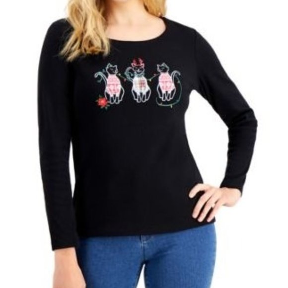 Karen Scott Whimsy Christmas Cats Knit Top - Picture 1 of 1